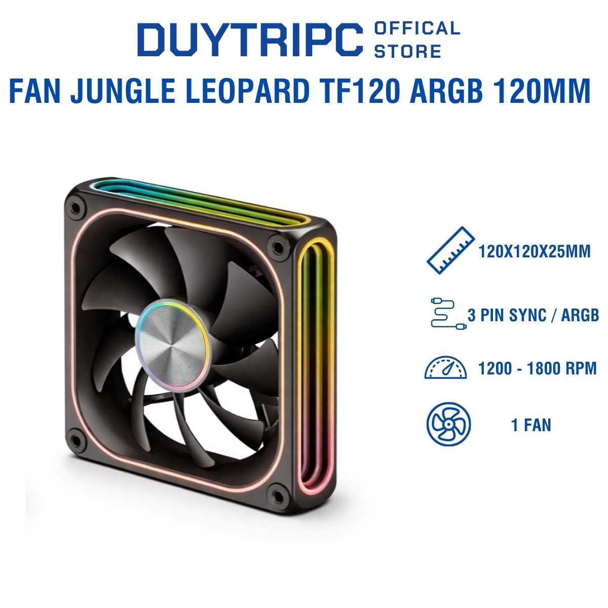 Fan Case Jungle Leopard TF120 ARGB 120mm – Quạt Tản Nhiệt Hiệu Năng Cao, Đồng Bộ Mainboard 5V ARGB, Êm Ái, Lưu Lượng Gió Lớn Chính Hãng